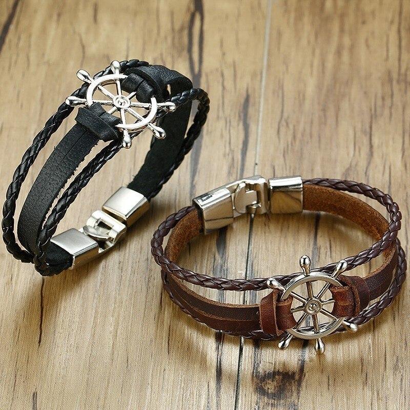 Handmade Sailor Anchor Ship Bracelet In Vintage Retro Rudder Charm Bracelet for Men Made from leather and Stainless Steel for Man - SJB-DIAMOND ELITES