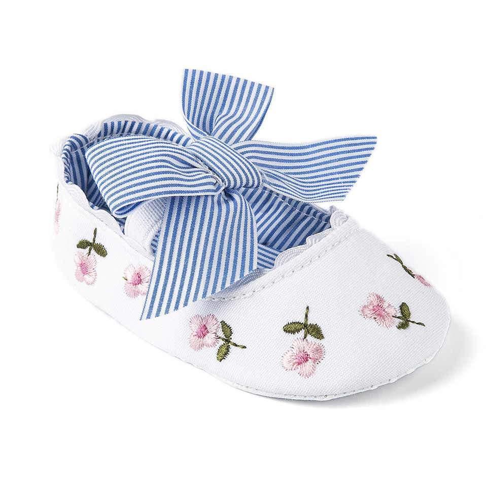 Baby Girl Newborn Shoes Floral Embroidery Striped Bowknot First Walker Soft Soles Anti-Slip Princess Shoes Stevvex