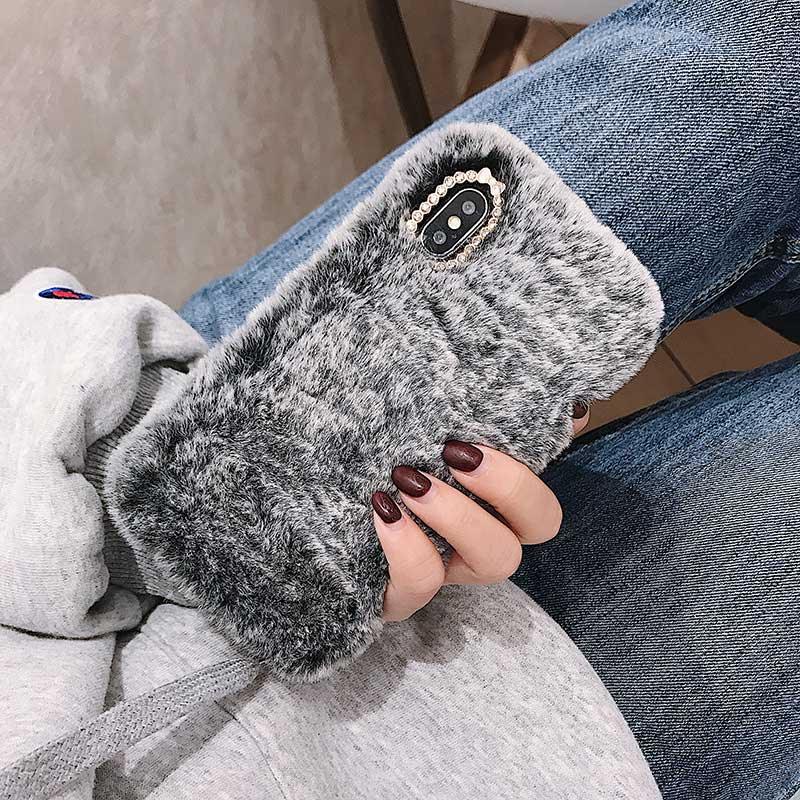 Cute Stuffed Plush Fluffy Case For iPhone 13 12 11 Pro XS Max X XR 12Mini Rabbit Ears Furry fluffy Fur Plush Warm Cover for iPhone 6 6S 7 8 Plus Phone Case Stevvex