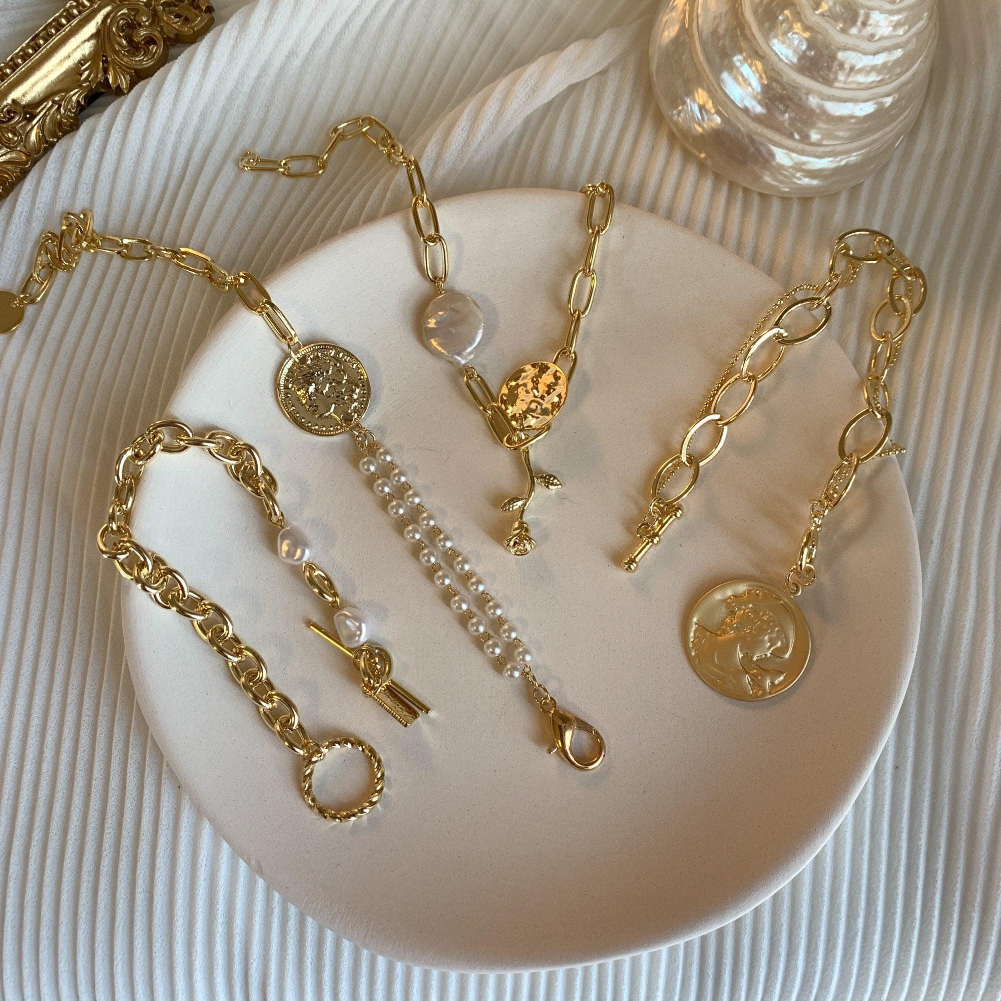 New Handmade Imitation Pearls Gold Metal Link Chain Bracelets for Women Girl Summer Party Luxury Jewelry Gift - SJB-DIAMOND ELITES