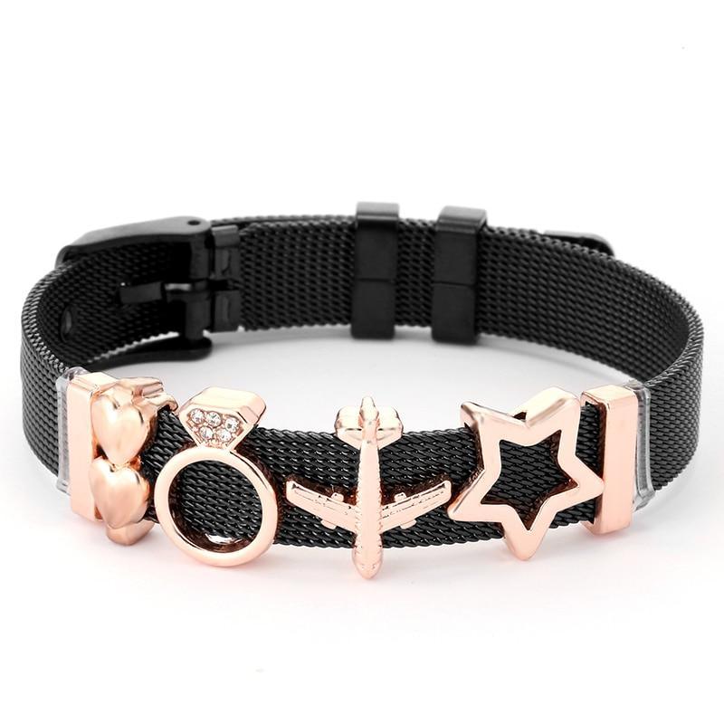 Two-tone Stainless Steel  Bracelets For Women Men Golden Love Heart Beaded  Ribbon  Bracelet & Bangle Gifts - SJB-DIAMOND ELITES