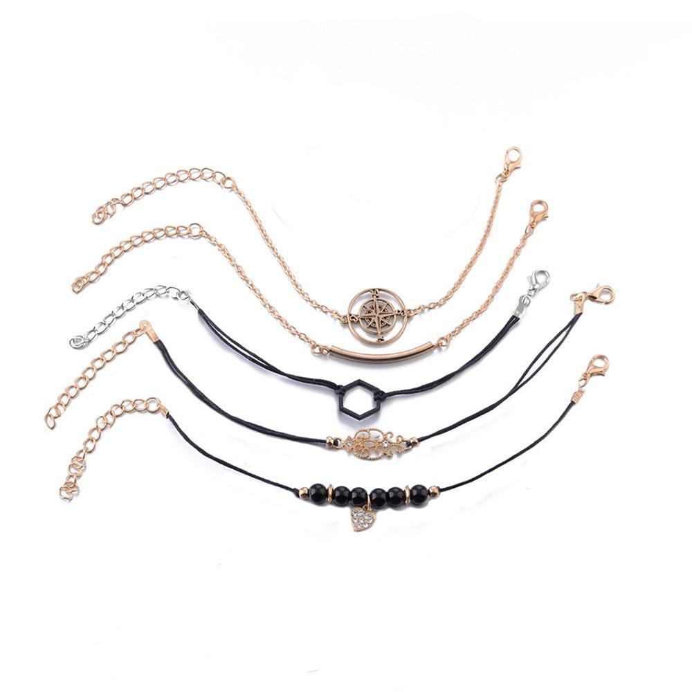 Bohemian Black Beads Chain Bracelets Bangles For Women Fashion Heart Compass Gold Color  Bracelets Sets Luxury Jewelry Gifts - SJB-DIAMOND ELITES
