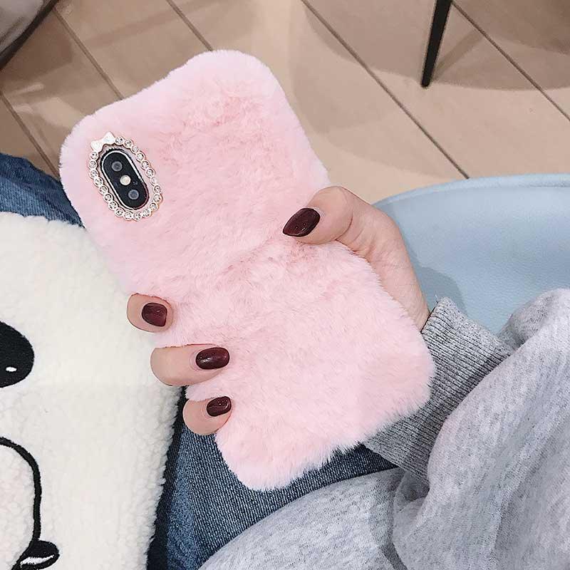 Cute Stuffed Plush Fluffy Case For iPhone 13 12 11 Pro XS Max X XR 12Mini Rabbit Ears Furry fluffy Fur Plush Warm Cover for iPhone 6 6S 7 8 Plus Phone Case Stevvex