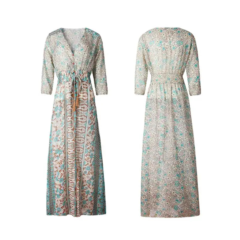 TEELYNN boho long dress Vintage 2023 floral print Chiffon three quarter sleeve v-neck summer Gypsy Hippie women dresses vestidos