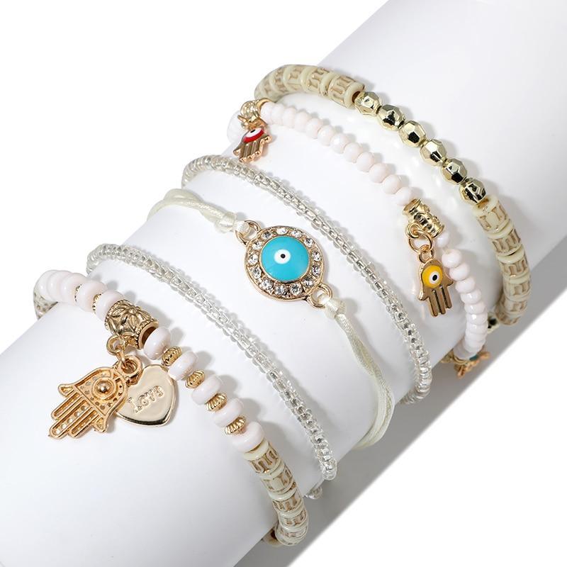 Ethnic Hand Heart Eye Adjustable Pendant Layered Bracelets Set for Women Beads String Bracelet Bangle Anklets Luxury Jewelry For Women - SJB-DIAMOND ELITES