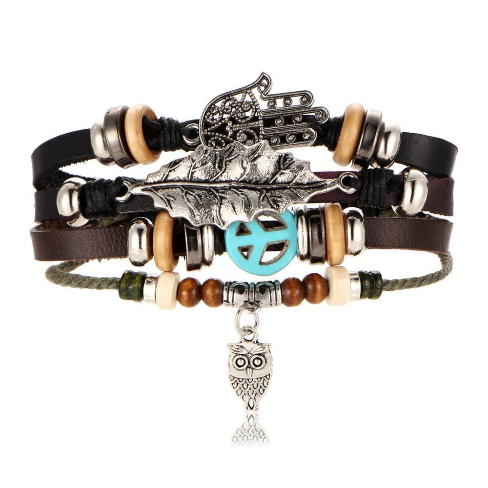 BOHO Tibet Stone Feather Multilayer Leather Bracelet Eye Fish Charms Beads Bracelets For Men Vintage Punk Wrap Wristband Cool Jewelry - SJB-DIAMOND ELITES