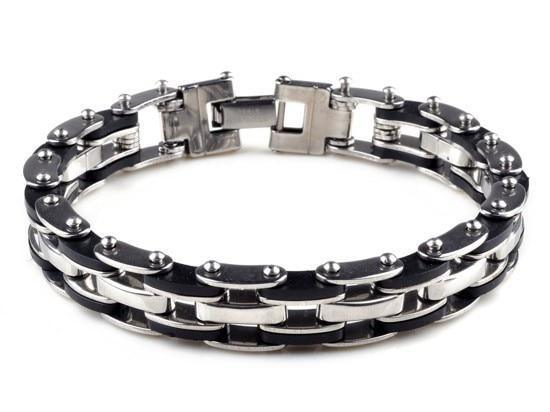 Men Stainless Steel Link Chain Bracelets & Bangles Men's Cuff  Wristband Biker Motorcycle Black Silicone Bracelet - SJB-DIAMOND ELITES