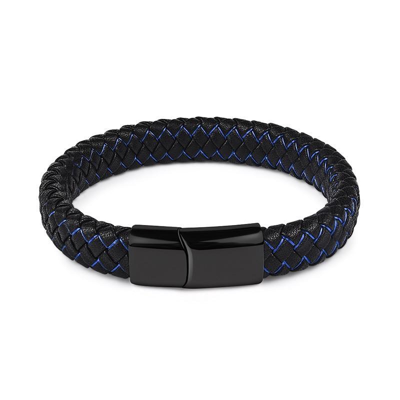 Handmade Luxury Modern Leather Black Blue Braided Leather Bracelet for Men Stainless Steel Design - SJB-DIAMOND ELITES