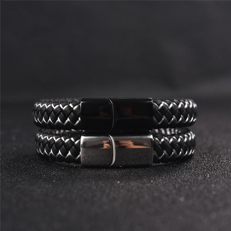 Handmade Luxury Modern Leather Black Blue Braided Leather Bracelet for Men Stainless Steel Design - SJB-DIAMOND ELITES