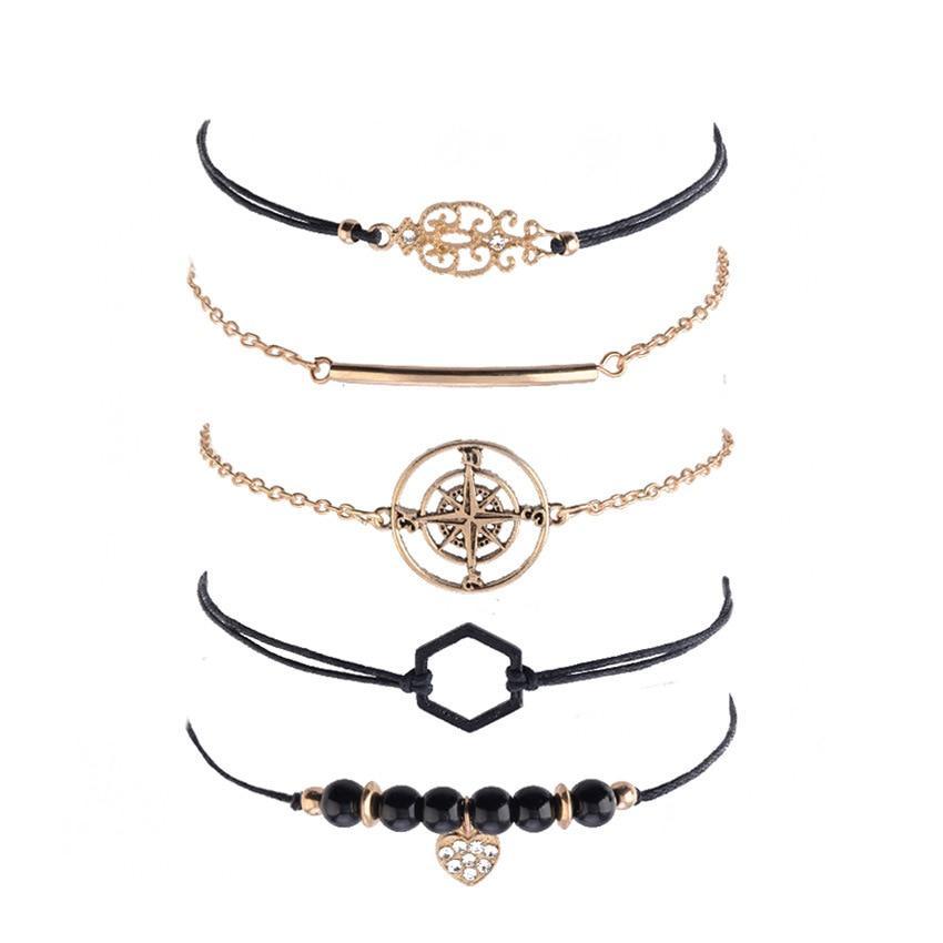 Bohemian Black Beads Chain Bracelets Bangles For Women Fashion Heart Compass Gold Color  Bracelets Sets Luxury Jewelry Gifts - SJB-DIAMOND ELITES