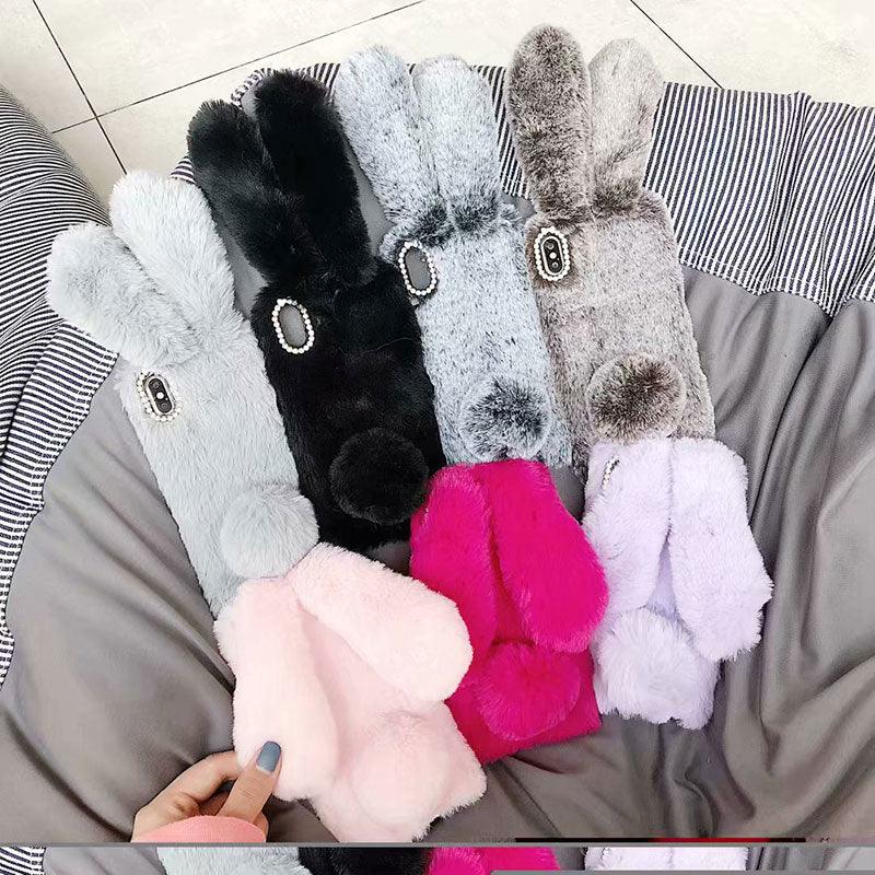 Cute Stuffed Plush Fluffy Case For iPhone 13 12 11 Pro XS Max X XR 12Mini Rabbit Ears Furry fluffy Fur Plush Warm Cover for iPhone 6 6S 7 8 Plus Phone Case Stevvex