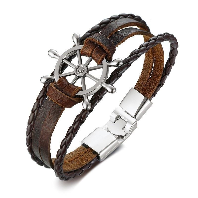 Handmade Sailor Anchor Ship Bracelet In Vintage Retro Rudder Charm Bracelet for Men Made from leather and Stainless Steel for Man - SJB-DIAMOND ELITES