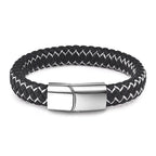 Handmade Luxury Modern Leather Black Blue Braided Leather Bracelet for Men Stainless Steel Design - SJB-DIAMOND ELITES