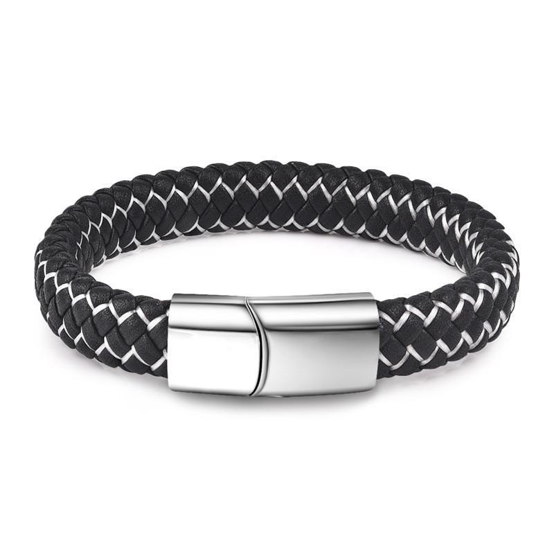Handmade Luxury Modern Leather Black Blue Braided Leather Bracelet for Men Stainless Steel Design - SJB-DIAMOND ELITES