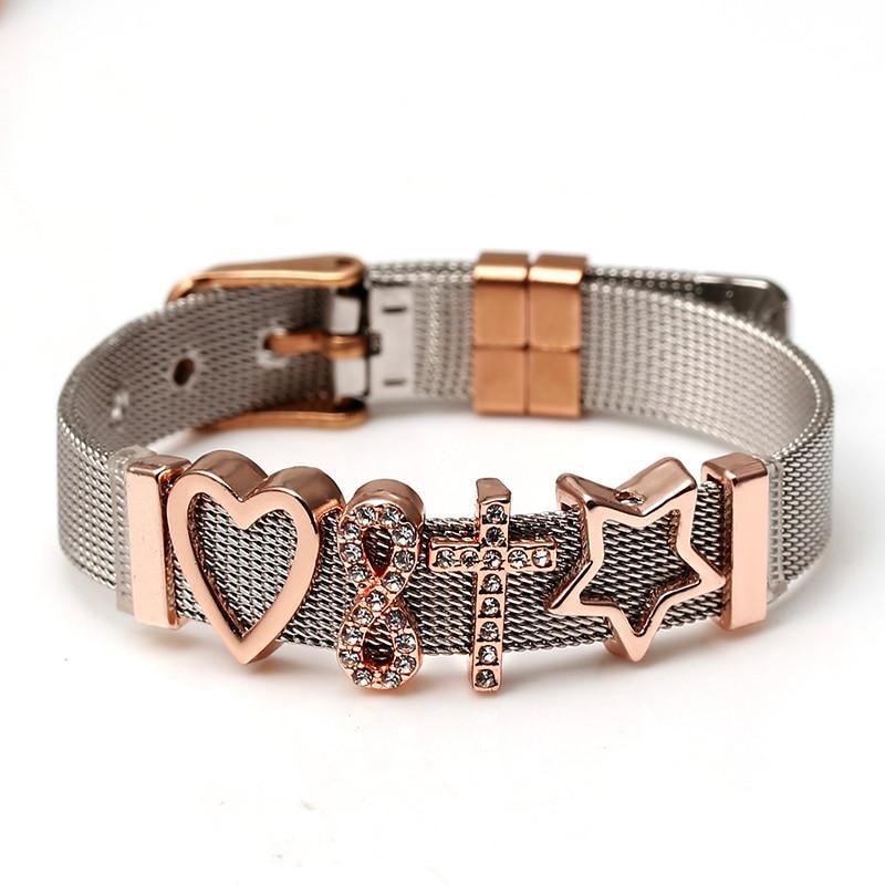 Two-tone Stainless Steel  Bracelets For Women Men Golden Love Heart Beaded  Ribbon  Bracelet & Bangle Gifts - SJB-DIAMOND ELITES