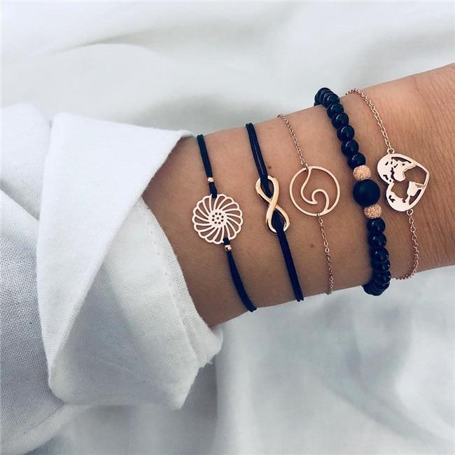 Bohemian Black Beads Chain Bracelets Bangles For Women Fashion Heart Compass Gold Color  Bracelets Sets Luxury Jewelry Gifts - SJB-DIAMOND ELITES