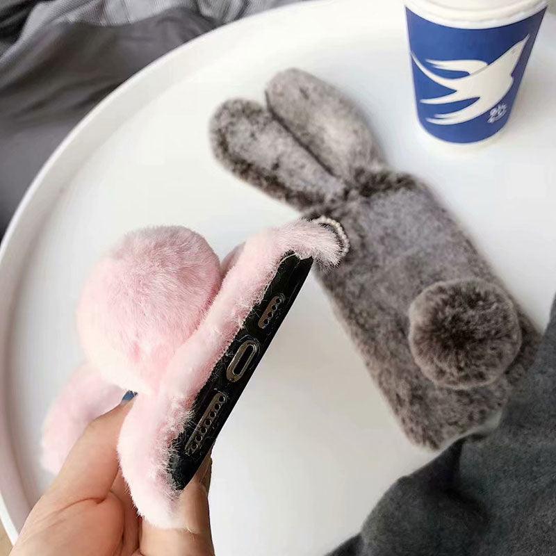 Cute Stuffed Plush Fluffy Case For iPhone 13 12 11 Pro XS Max X XR 12Mini Rabbit Ears Furry fluffy Fur Plush Warm Cover for iPhone 6 6S 7 8 Plus Phone Case Stevvex