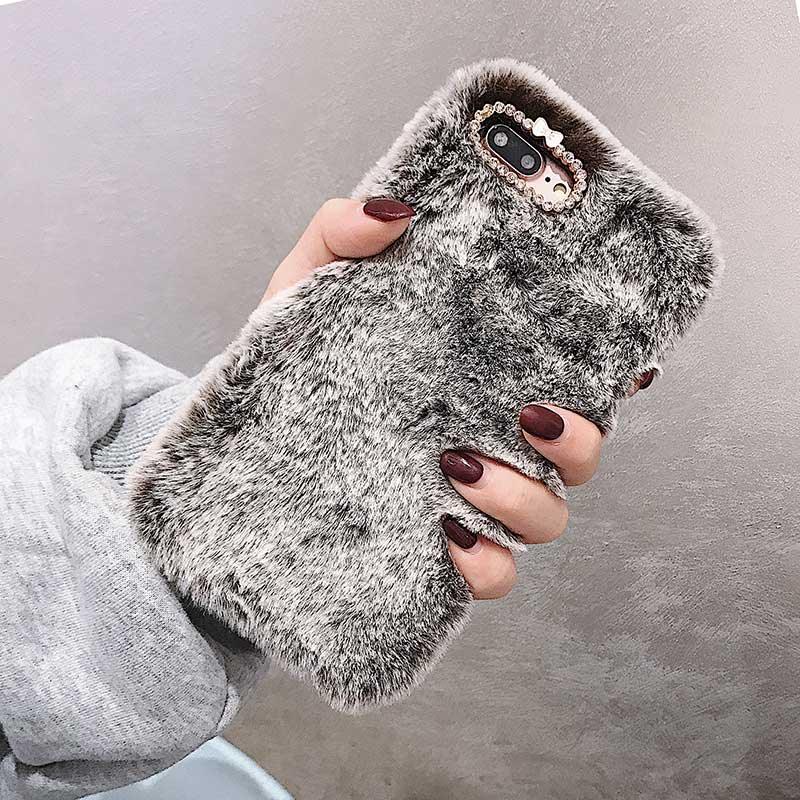 Cute Stuffed Plush Fluffy Case For iPhone 13 12 11 Pro XS Max X XR 12Mini Rabbit Ears Furry fluffy Fur Plush Warm Cover for iPhone 6 6S 7 8 Plus Phone Case Stevvex