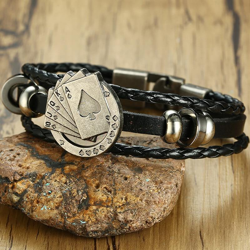 Lucky Vintage Men's Leather Bracelet Playing Cards  Charm Multilayer Braided Men and Women Gift - SJB-DIAMOND ELITES