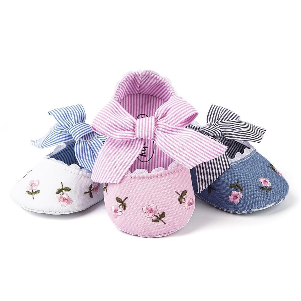 Baby Girl Newborn Shoes Floral Embroidery Striped Bowknot First Walker Soft Soles Anti-Slip Princess Shoes Stevvex