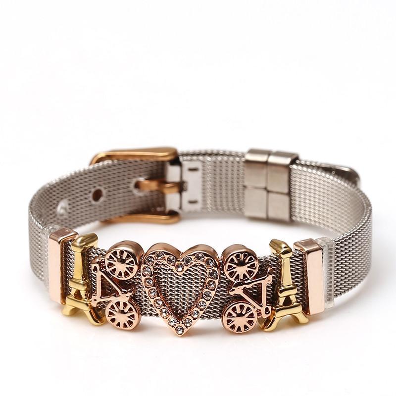 Two-tone Stainless Steel  Bracelets For Women Men Golden Love Heart Beaded  Ribbon  Bracelet & Bangle Gifts - SJB-DIAMOND ELITES