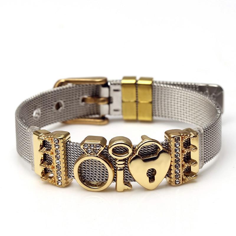 Two-tone Stainless Steel  Bracelets For Women Men Golden Love Heart Beaded  Ribbon  Bracelet & Bangle Gifts - SJB-DIAMOND ELITES