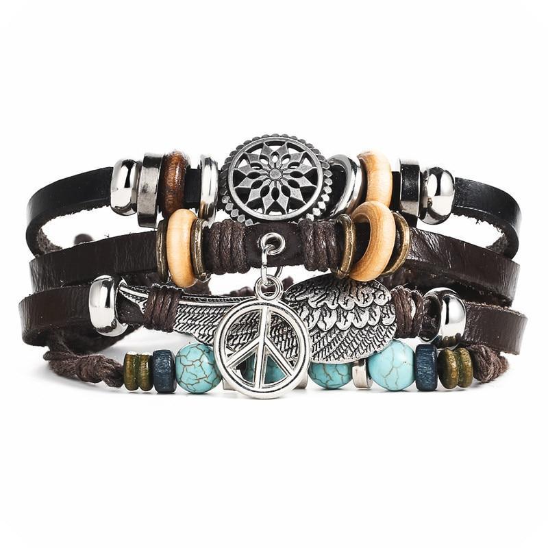 BOHO Tibet Stone Feather Multilayer Leather Bracelet Eye Fish Charms Beads Bracelets For Men Vintage Punk Wrap Wristband Cool Jewelry - SJB-DIAMOND ELITES