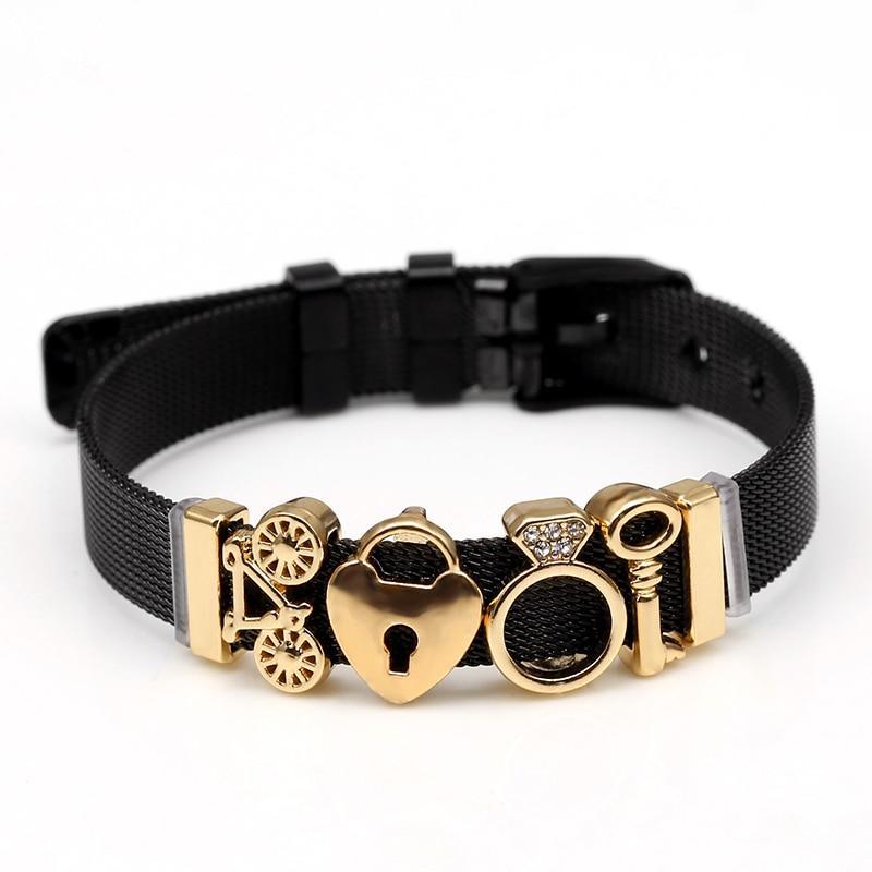 Two-tone Stainless Steel  Bracelets For Women Men Golden Love Heart Beaded  Ribbon  Bracelet & Bangle Gifts - SJB-DIAMOND ELITES