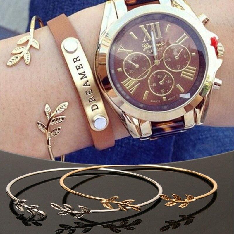 Elegant Silver Gold Leaf Fashion Simple Gold Silver Plated Cuff Bracelets For WomenIn Modern Jewelry style - SJB-DIAMOND ELITES
