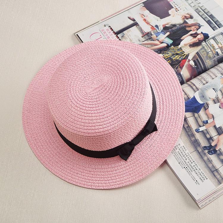 Classic Simple Female Hat For Summer Beach Hat Casual Lady Summer Solid Color Straw Hat Women Elegant Hat Traveling Hats UV Protection Sun Cap Women Flat Bowknot Design Cute Cap Girls Hat 56-58cm Stevvex
