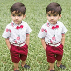 Floral Boy Gentleman Outfits Suit Short Sleeve Toddler Bow Tie Shirt Tops +Red Shorts Summer Set For Boy Kids Form 1-5 Years