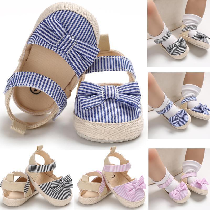 Newborn Baby Girl Striped Bow Sandals Soft Shoes Infants Anti-Slip Sneaker New Fashion Clogs 0-18M Stevvex
