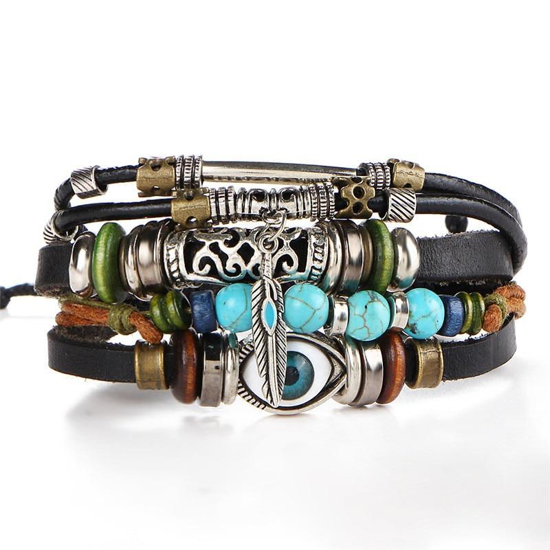 BOHO Tibet Stone Feather Multilayer Leather Bracelet Eye Fish Charms Beads Bracelets For Men Vintage Punk Wrap Wristband Cool Jewelry - SJB-DIAMOND ELITES