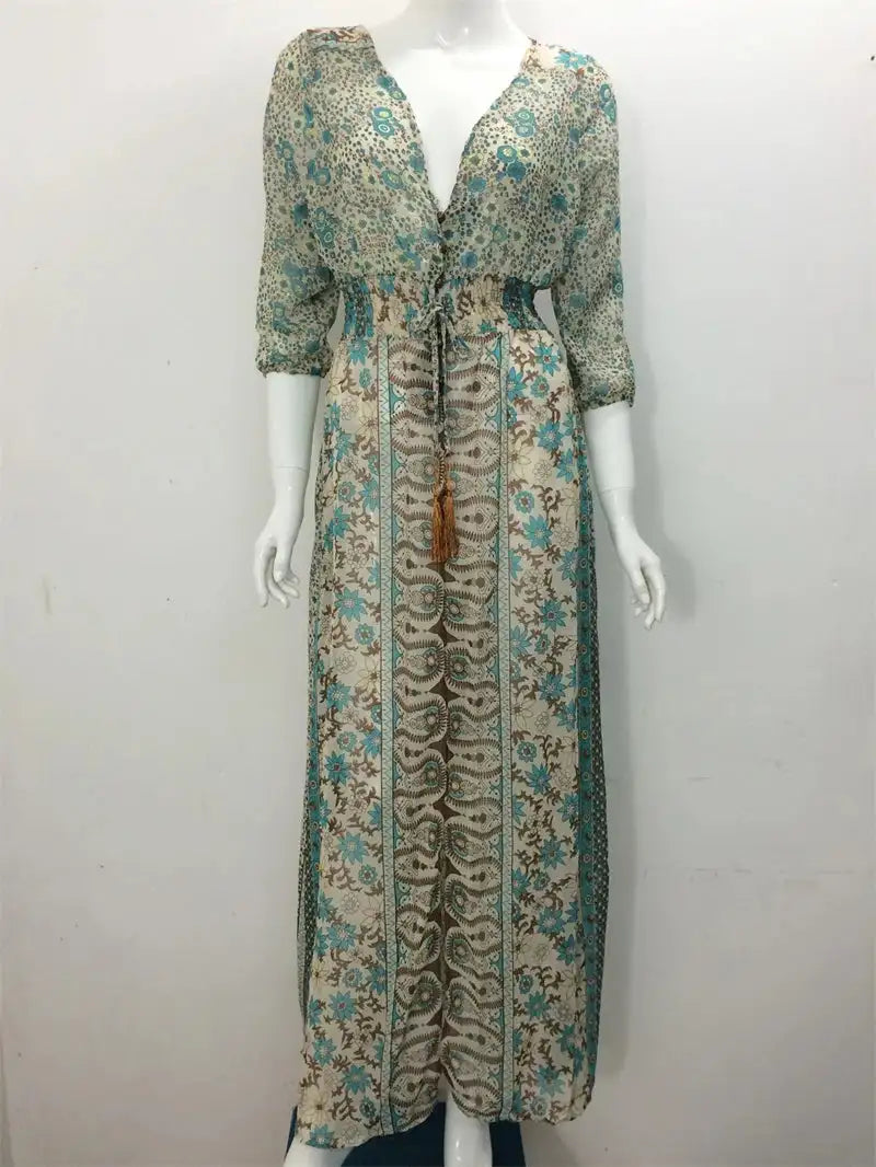 TEELYNN boho long dress Vintage 2023 floral print Chiffon three quarter sleeve v-neck summer Gypsy Hippie women dresses vestidos