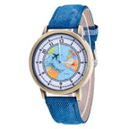 Fashion Casual Watches Women Casual Wristwatch Personality World Map With Airplane Pattern Cowboy Band Quartz Watch For Woman  and Girls