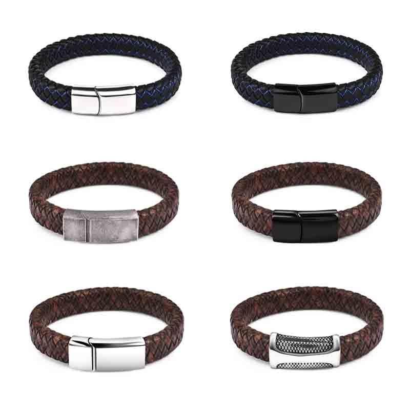 Handmade Luxury Modern Leather Black Blue Braided Leather Bracelet for Men Stainless Steel Design - SJB-DIAMOND ELITES