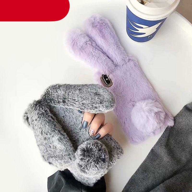 Cute Stuffed Plush Fluffy Case For iPhone 13 12 11 Pro XS Max X XR 12Mini Rabbit Ears Furry fluffy Fur Plush Warm Cover for iPhone 6 6S 7 8 Plus Phone Case Stevvex