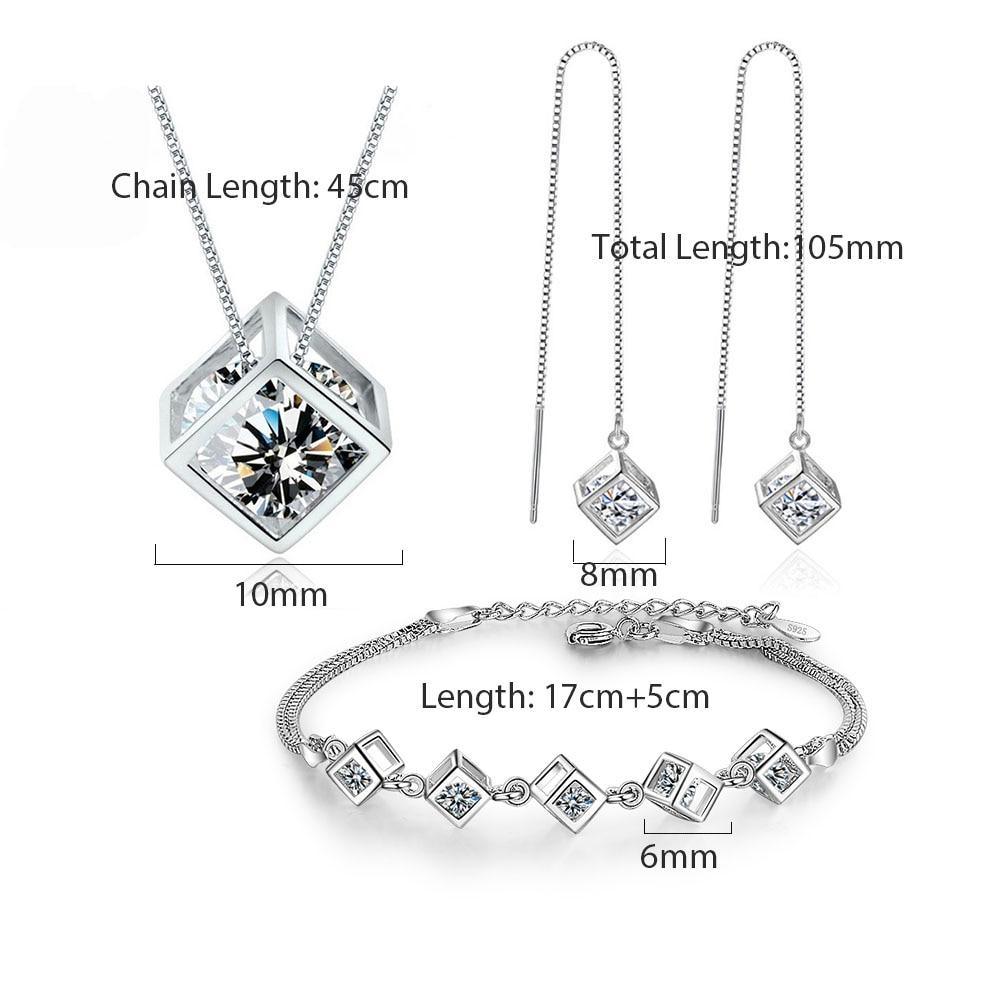 New Style Stamp Silver Color Jewelry Luxury Sets Zircon Elegant Square Cube Necklace Earrings Bracelet For Women - SJB-DIAMOND ELITES