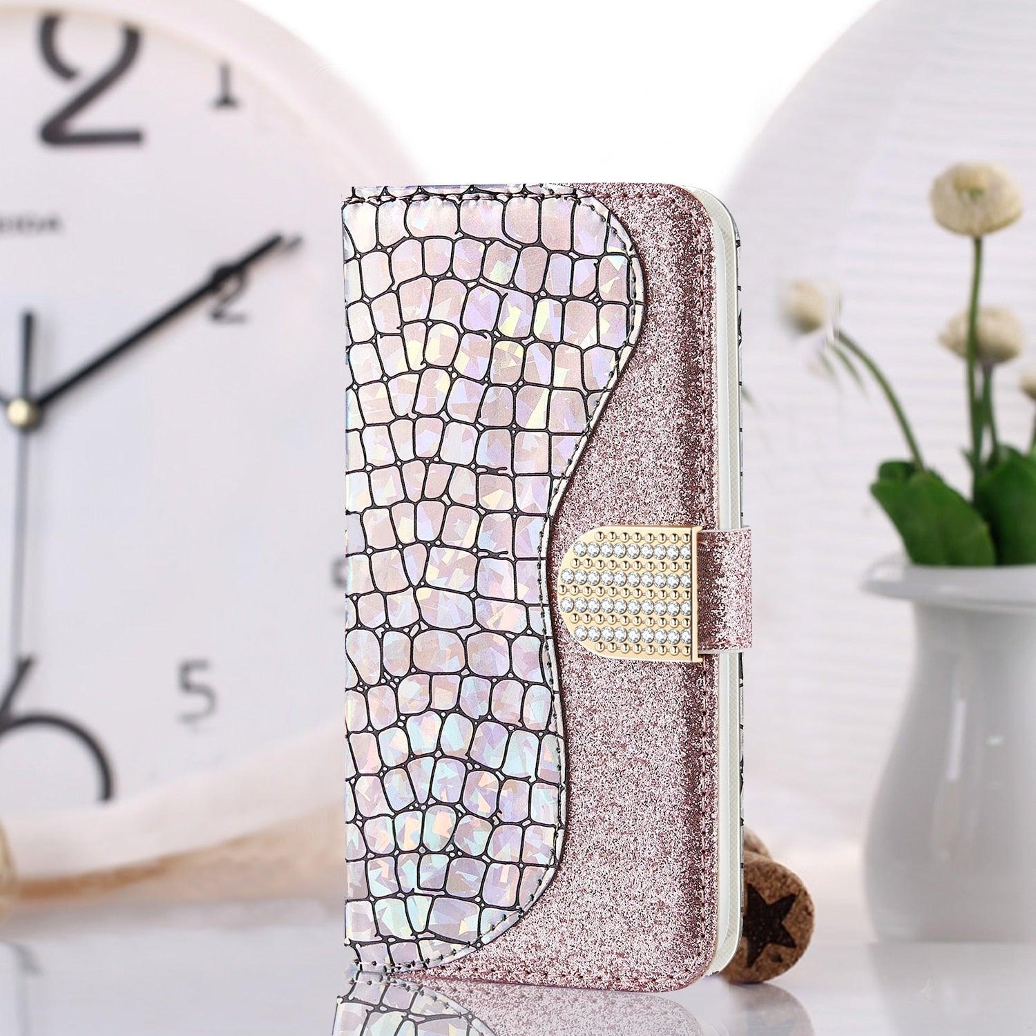 Glitter Leather Case For iPhone 11 12 13 14 Pro XR XS Max Alligator Flip Case Cover For iPhone SE Glitter Matching Texture Horizontal Flip Leather Case with Card Slots & Holder & Wallet Phone Accessories Stevvex