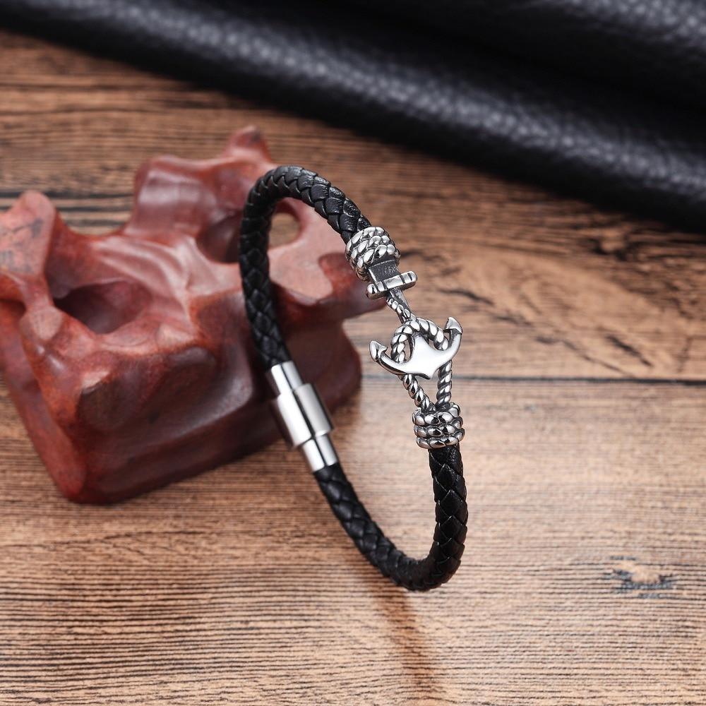 Modern Design Popular Black Leather Anchor Luxury Bracelet For Men Stainless Steel Leather Bracelet Elegant And Couple Bracelet - SJB-DIAMOND ELITES