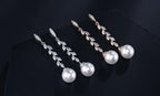 ZAKOL Fashion Round Imitation Pearls Drop Earrings for Women Shinny Zirconia Crystal Leaf Long Bridal Earring Wedding Jewelry