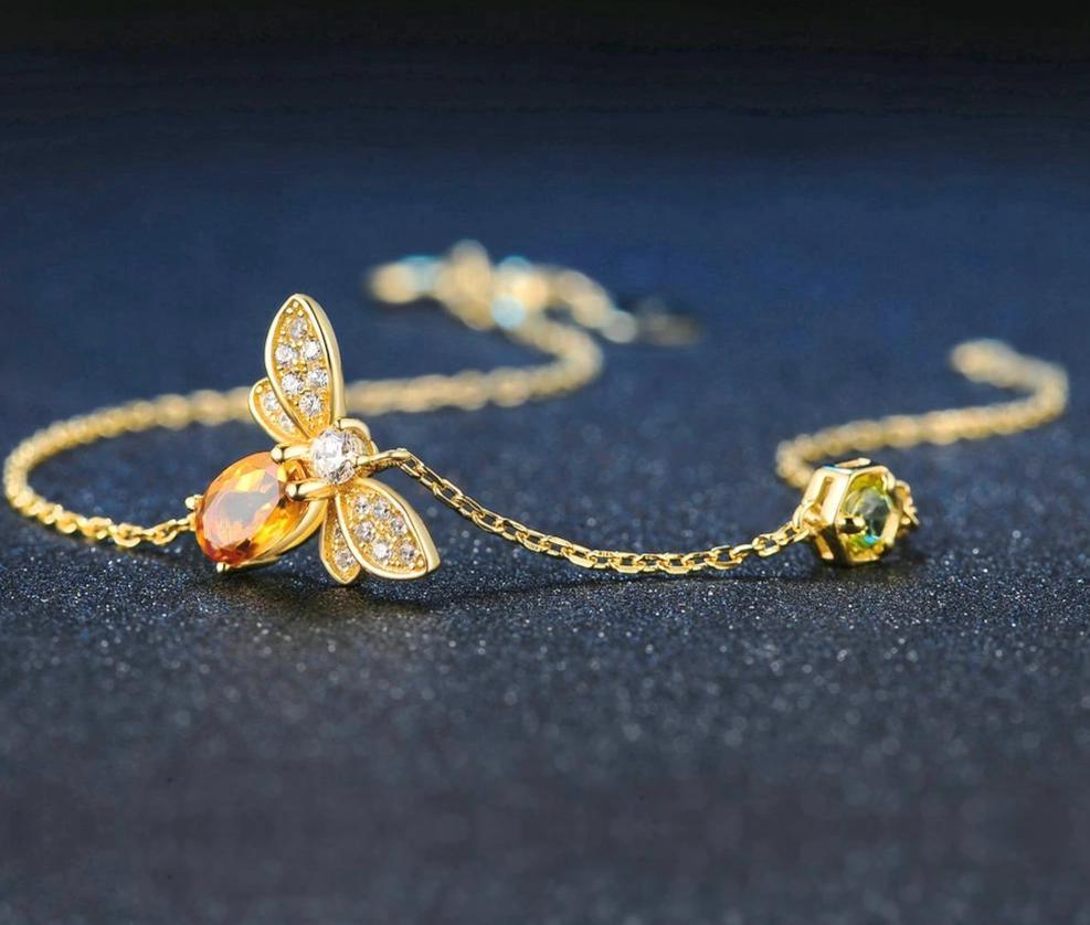 Cute Bee 925 Sterling Silver Bracelet Woman Love Gemstones Jewelry 14K Gold Plated Designer Jewelry - SJB-DIAMOND ELITES
