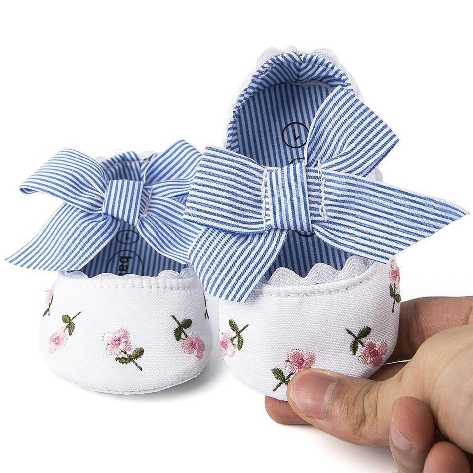 Baby Girl Newborn Shoes Floral Embroidery Striped Bowknot First Walker Soft Soles Anti-Slip Princess Shoes Stevvex