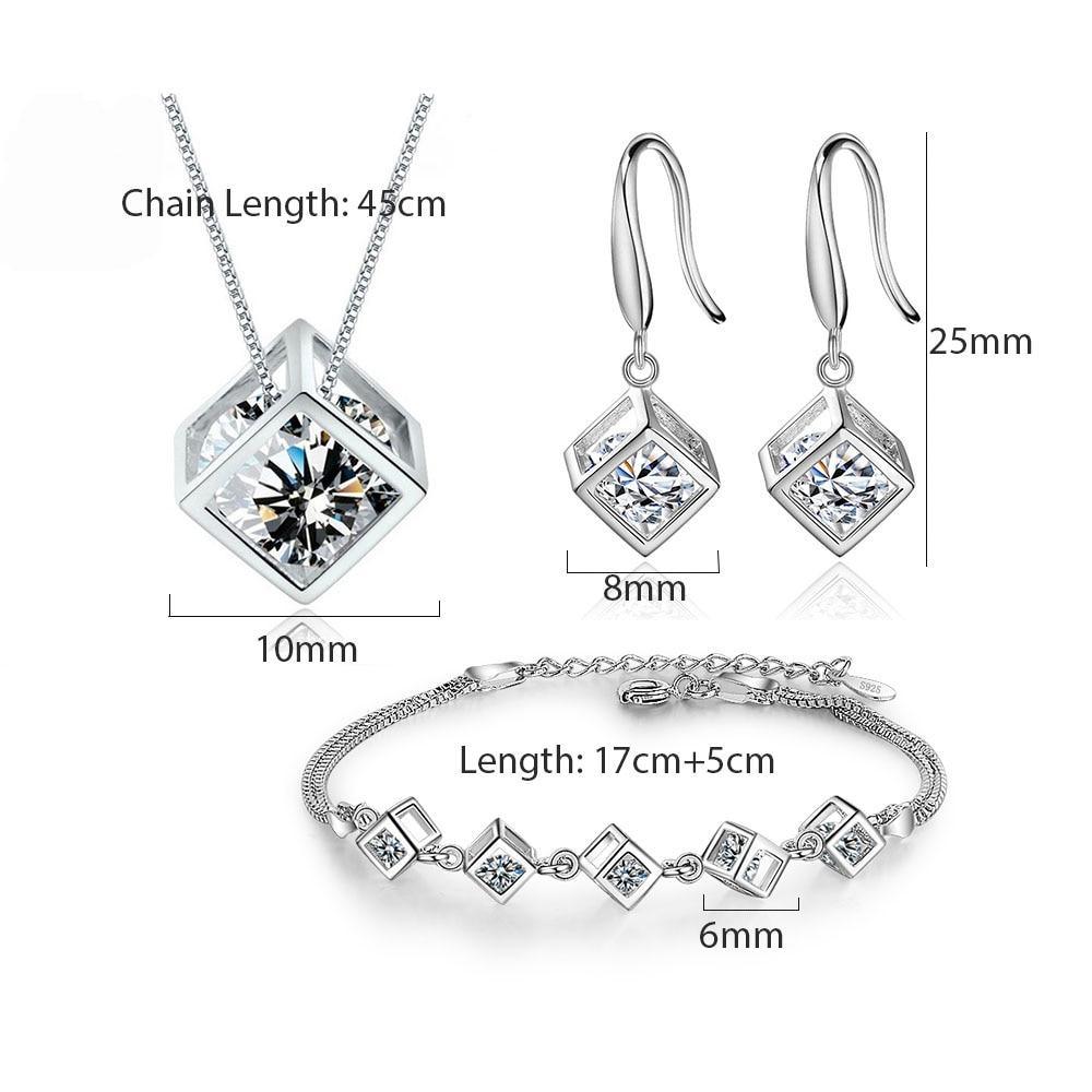 New Style Stamp Silver Color Jewelry Luxury Sets Zircon Elegant Square Cube Necklace Earrings Bracelet For Women - SJB-DIAMOND ELITES