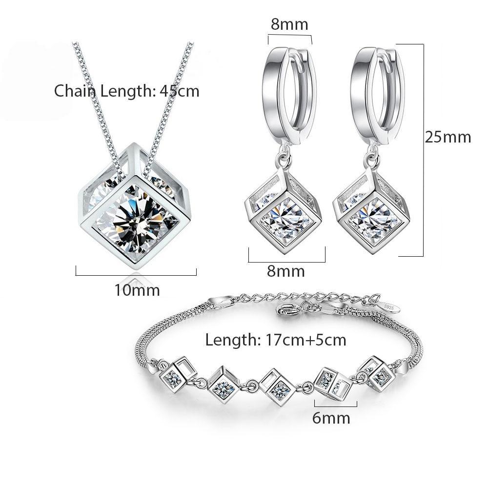 New Style Stamp Silver Color Jewelry Luxury Sets Zircon Elegant Square Cube Necklace Earrings Bracelet For Women - SJB-DIAMOND ELITES