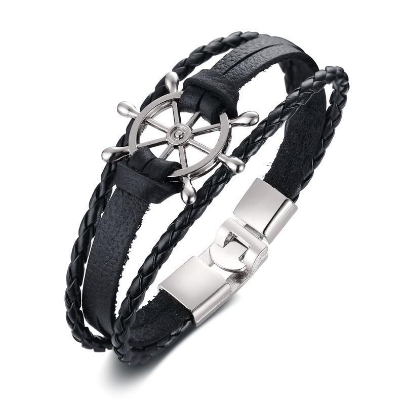 Handmade Sailor Anchor Ship Bracelet In Vintage Retro Rudder Charm Bracelet for Men Made from leather and Stainless Steel for Man - SJB-DIAMOND ELITES