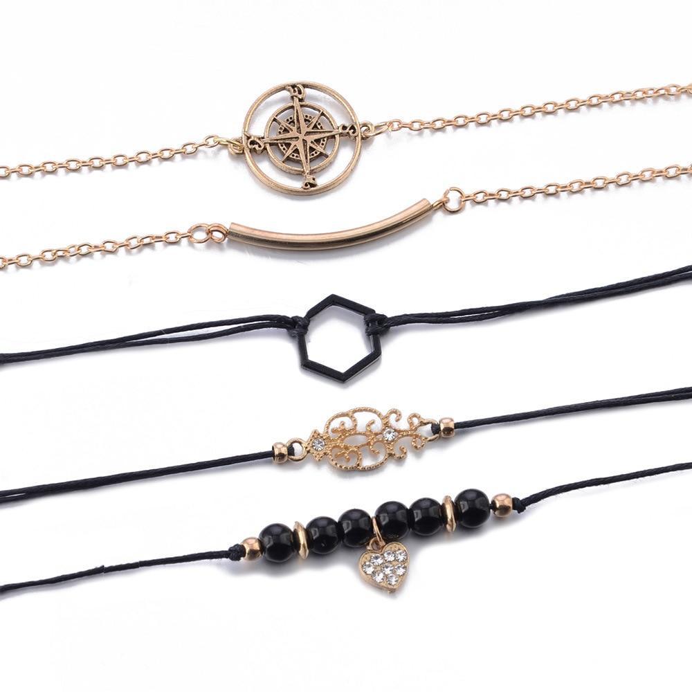 Bohemian Black Beads Chain Bracelets Bangles For Women Fashion Heart Compass Gold Color  Bracelets Sets Luxury Jewelry Gifts - SJB-DIAMOND ELITES