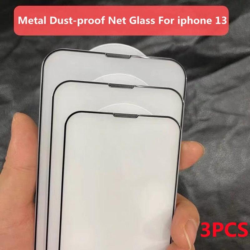 3Pcs Dust Net Protective Glass For iPhone 13 12 11 Pro XS Max XR 12 Mini Full Cover Protector Tempered Glass on iphone 13 14 Pro  Soft Flexible Ceramic Film Screen Protector Compatible with iPhone Stevvex