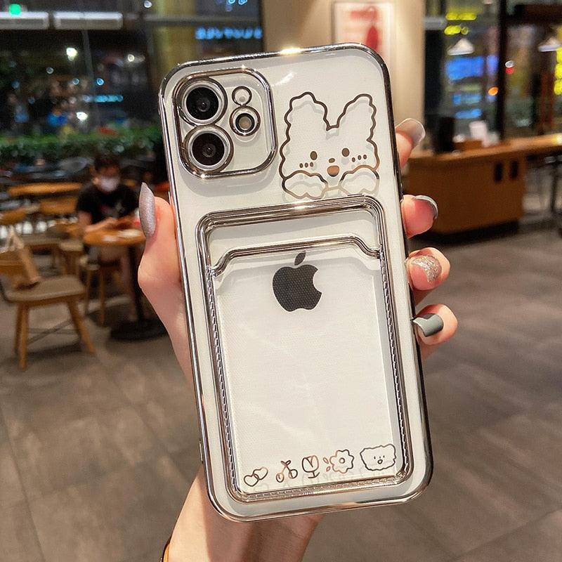 Ultra-light Transparent Photo Card Pocket Wallet Case For iPhone 13 11 12 14 Pro Max XS XR X 8 7 6S Plus Plating Cute Bear Rabbit Soft Phone Cover Cute Case with Card Holder Soft Cover Stevvex