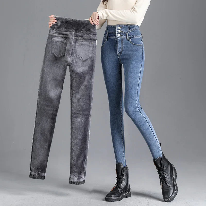 Thermal Winter Thick Fleece High-waist Warm Skinny Jeans Thick Women Stretch Button Pencil Pants Mom Casual Velvet Jeans Lootquake LLC